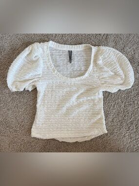 Anthropologie White Textured Scoop-Neck Puff Sleeve Top